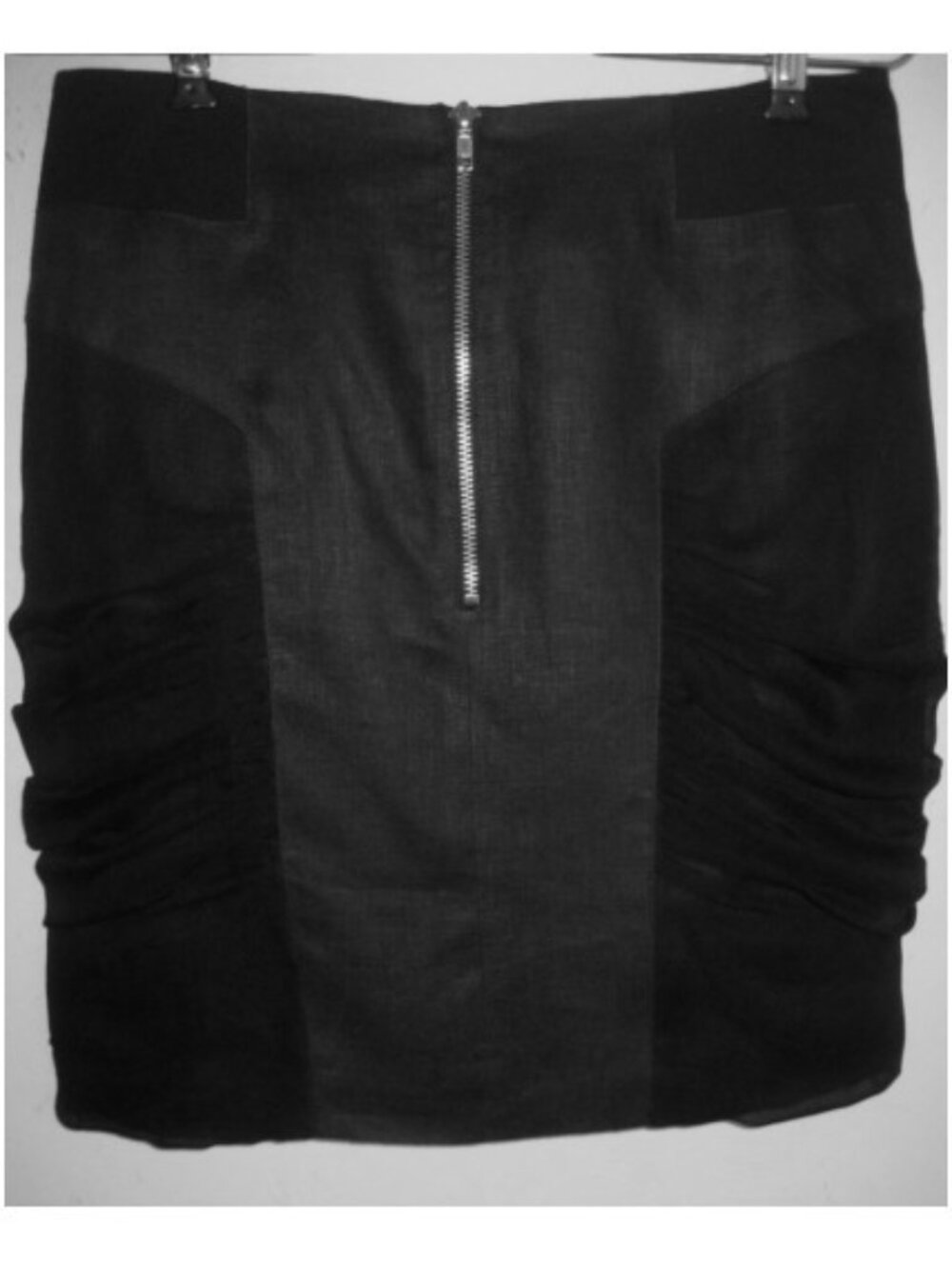 Dressy black linen pencil skirt 6 Silk chiffon sides Exposed zip $268 USA NOMIA